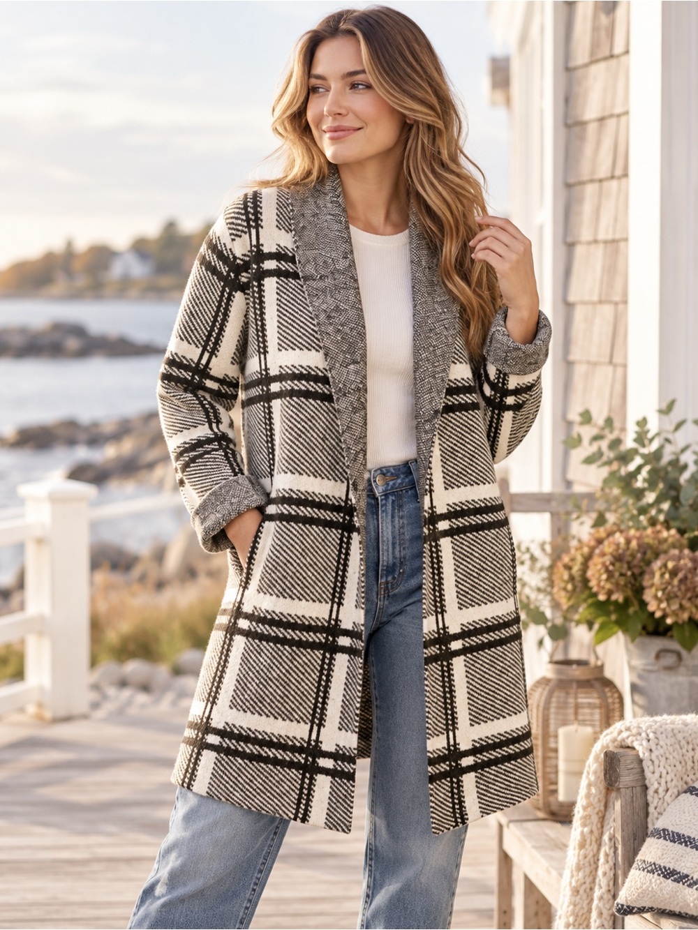 Camber & Grace Plaid Dark Green & Cream Longline Cardigan Coat |Small| Fall Chic